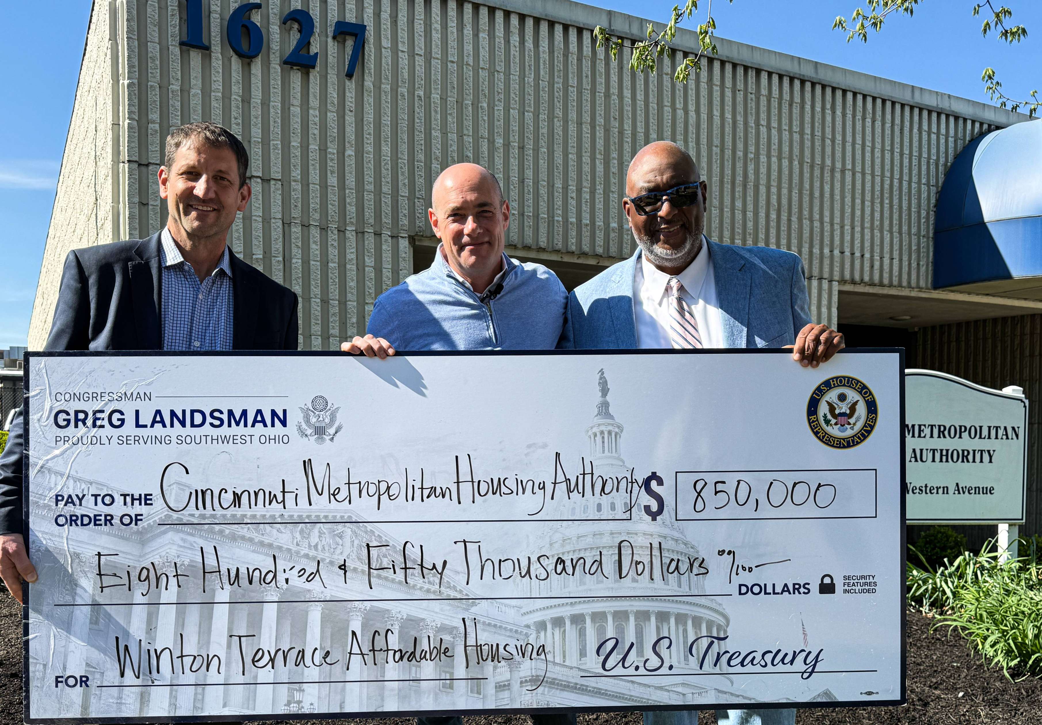 Cong. Landsman presenting check to CMHA for Winton Terrace
